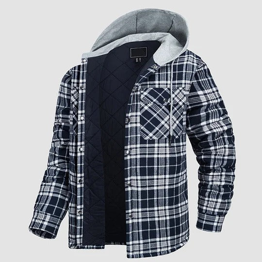 Hooded plus size fashionable jacket, woolen shirt jacket, men's thick checkered long sleeved shirt