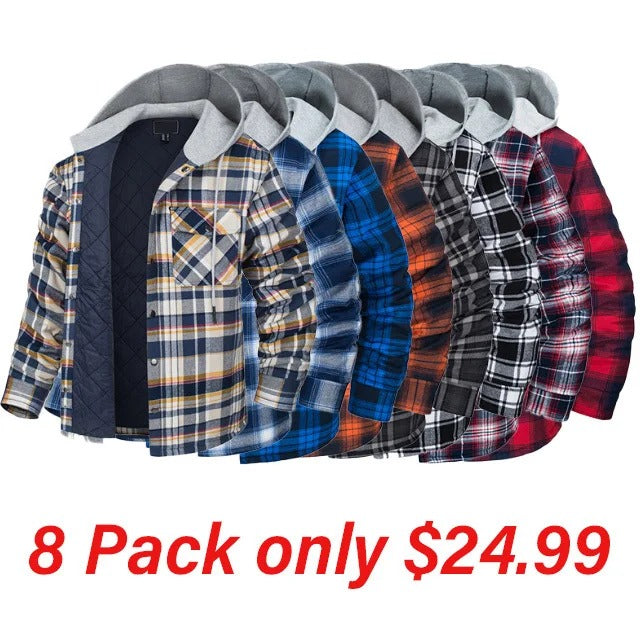Hooded plus size fashionable jacket, woolen shirt jacket, men's thick checkered long sleeved shirt