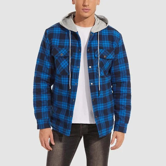 Hooded plus size fashionable jacket, woolen shirt jacket, men's thick checkered long sleeved shirt