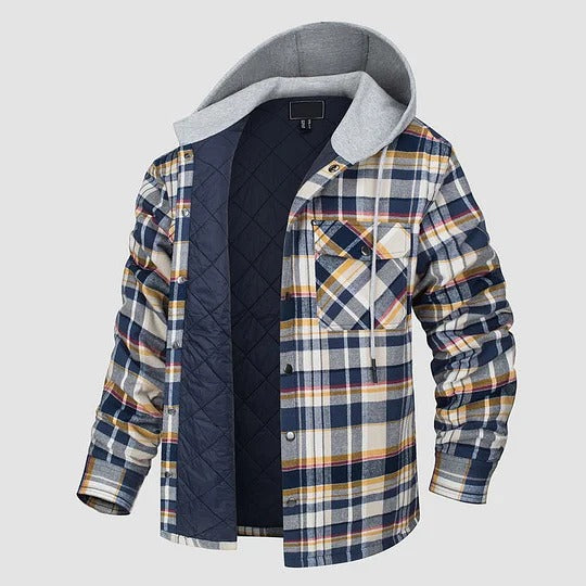 Hooded plus size fashionable jacket, woolen shirt jacket, men's thick checkered long sleeved shirt