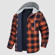 Hooded plus size fashionable jacket, woolen shirt jacket, men's thick checkered long sleeved shirt
